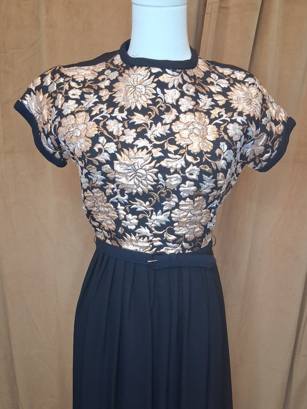 Vintage Black Gold Brocade Dress w/Belt, Size S
